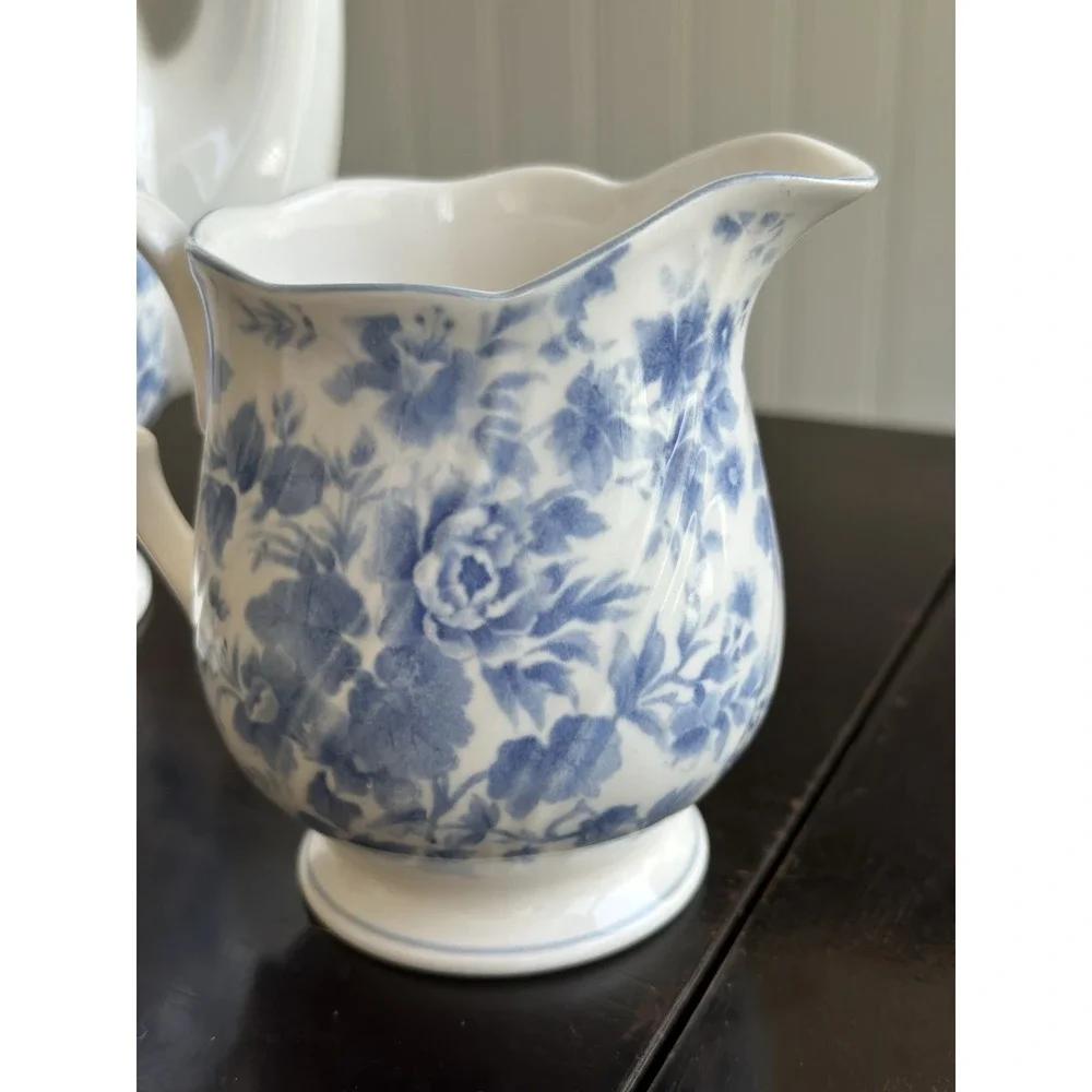 Nikko Tea Roses Coffee Pot & Creamer Blue Floral Japan Porcelain Set